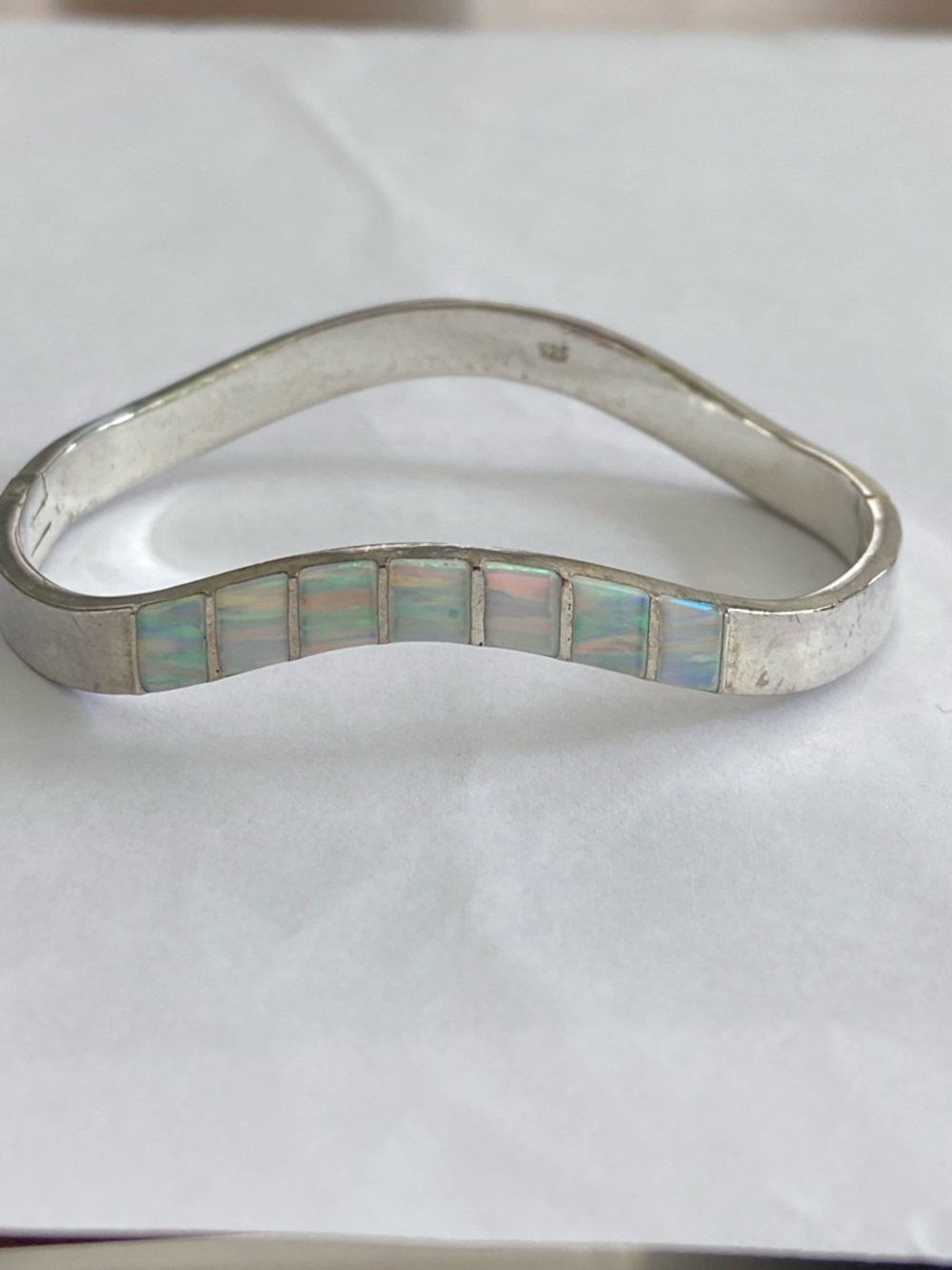 .925 Sterling Silver Opal Inlay Wave Bangle Bracelet.